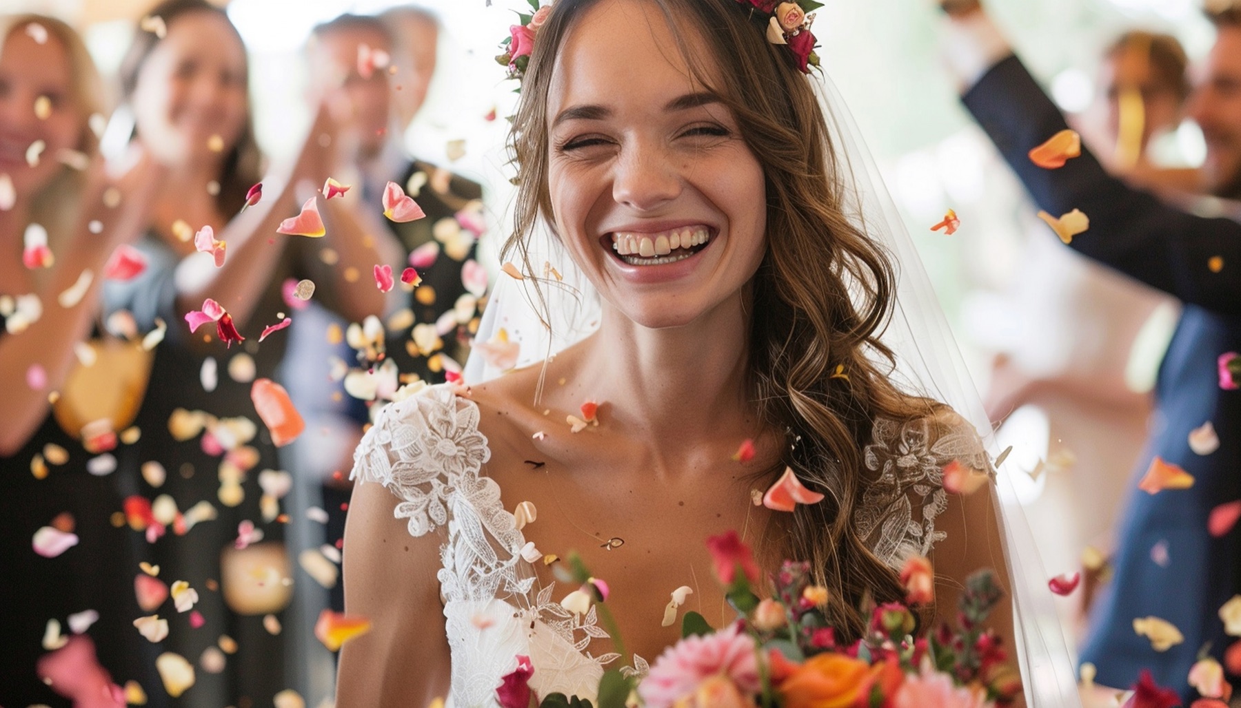 Novia sonriente bajo una lluvia de pétalos de confeti biodegradable