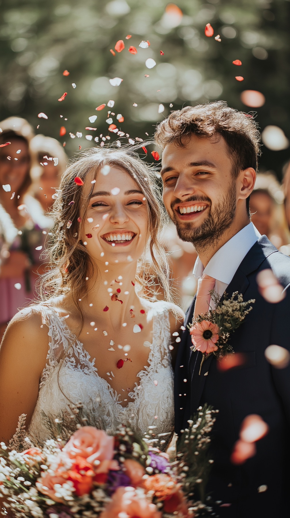 Pareja de novios con sus amigos rodeados de confeti biodegradable de pétalos